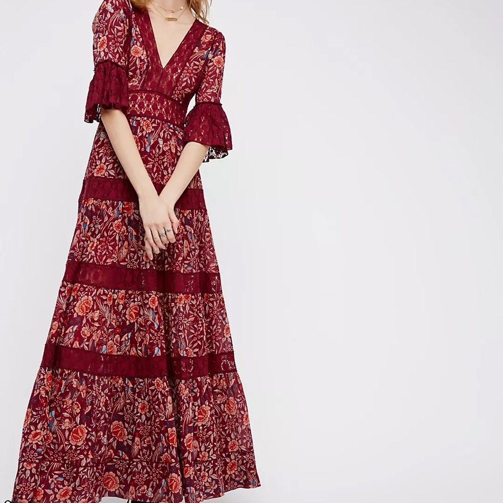 Free People Dulce Maria Floral Maroon Lace Maxi Dress